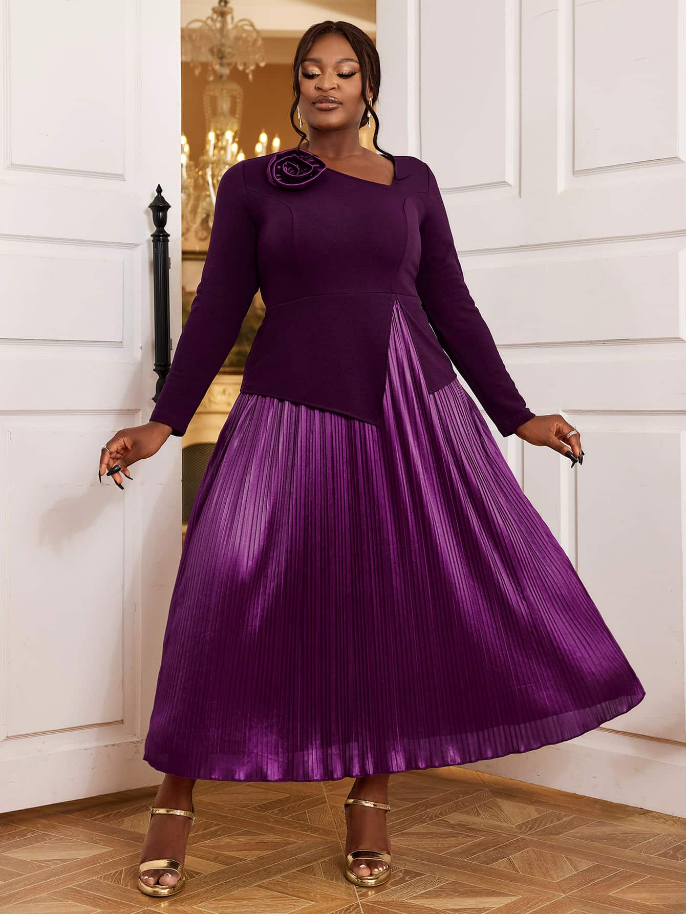 purple long sleeve pleated dress